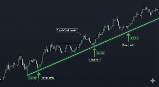 Chart showing initial entry and additional scale-in entries as the trend confirms