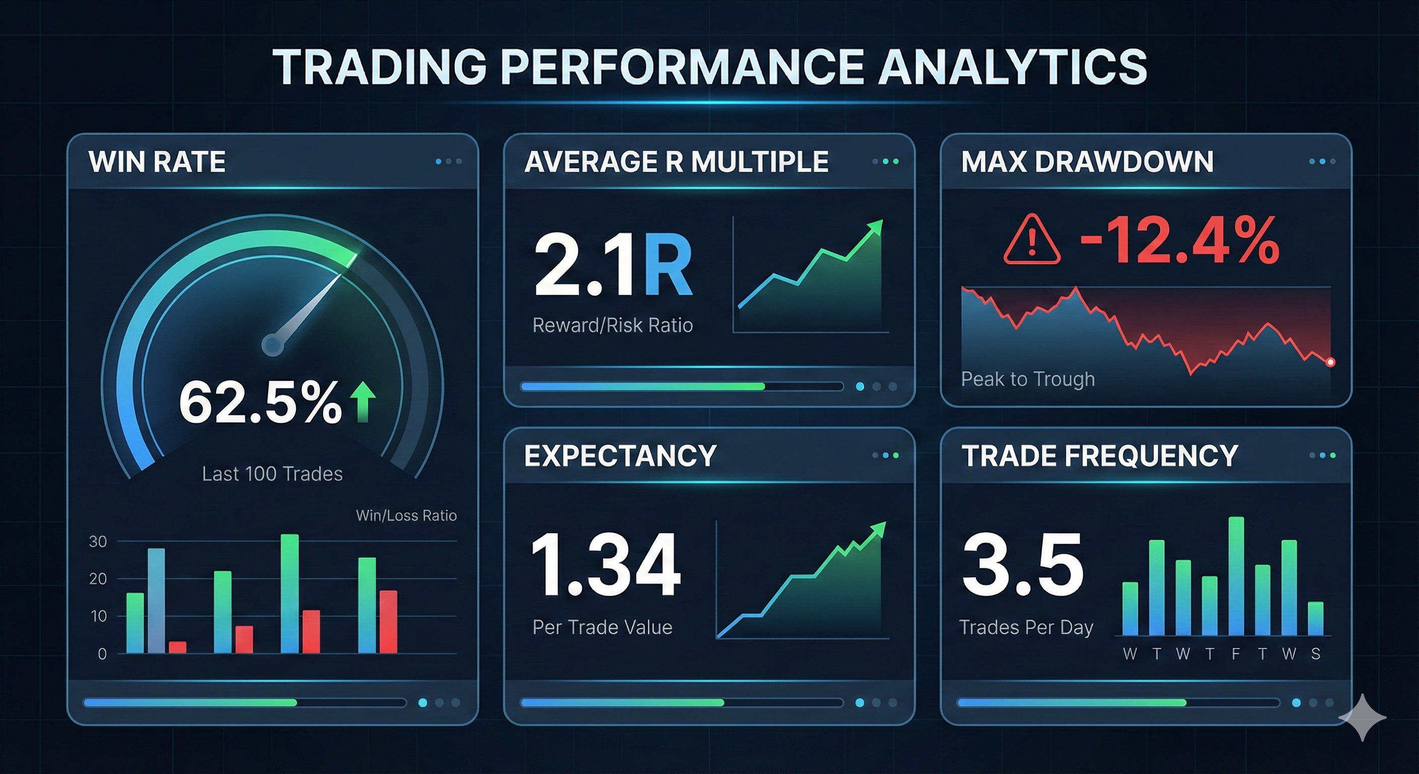 Trading review scoreboard showing expectancy, win rate, average R, and rule adherence.