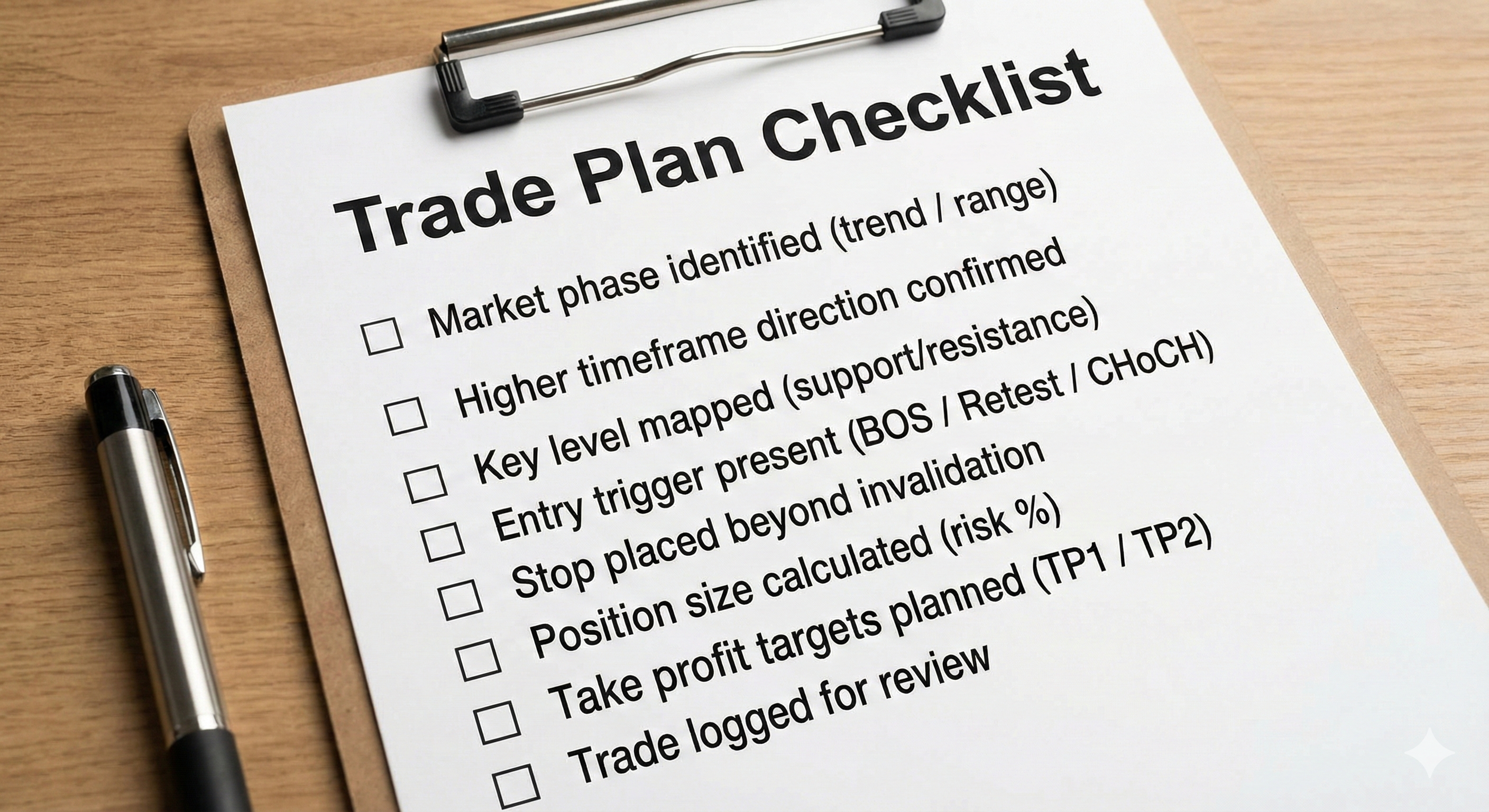 Trade Plan Checklist showing step-by-step checks before entering a trade