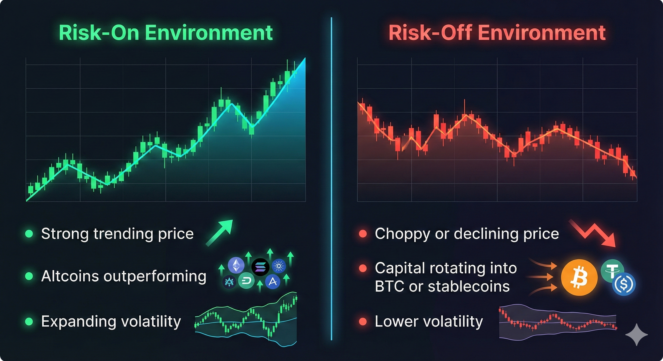 Split-panel comparison of risk-on versus risk-off market environments
